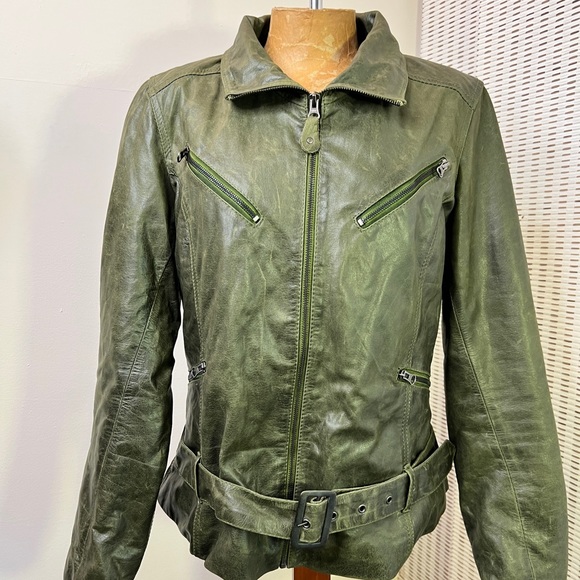 Jackets & Blazers - Olive Green Leather Jacket sz 12 Removable Hood